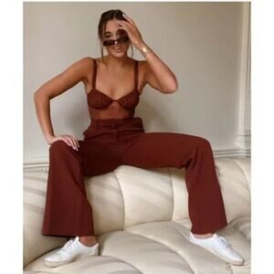 2/30 NWT Danielle Bernstein Lace Illusion Thong Bodysuit 16 Warm Brown Mesh 5871